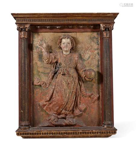 A 17TH CENTURY CARVED, POLYCHROME PAINTED RELIEF PANEL '...