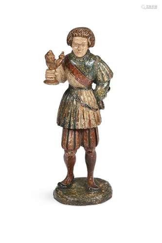 A POLYCHROME DECORATED WOODEN FIGURE, IN THE 16TH CENTURY ME...