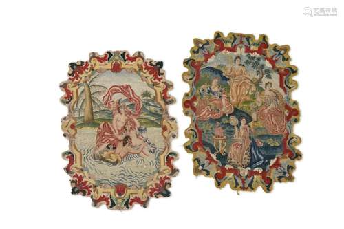 A PAIR OF SHAPED NEEDLEWORK PANELS, MID 18TH CENTURY