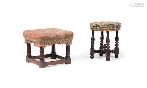 A QUEEN ANNE OAK CIRCULAR STOOL, CIRCA 1710, TOGETHER WITH A...