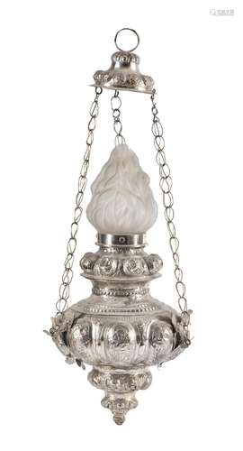 AN ITALIAN SILVERED METAL HANGING 'SANCTUARY' LAMP...