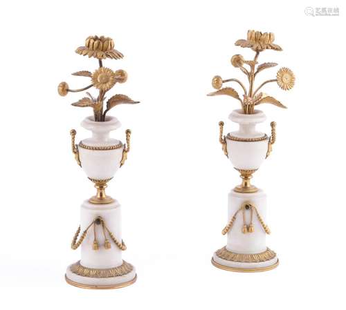 A PAIR OF FRENCH MARBLE AND GILT BRONZE GARNITURES, 19TH CEN...