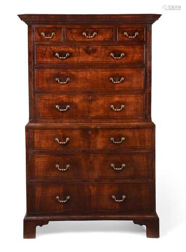 A GEORGE II WALNUT AND LINE INLAID CHEST ON CHEST, CIRCA 174...