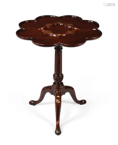 Y A GEORGE II MAHOGANY, BRASS AND MOTHER OF PEARL INLAID TRI...