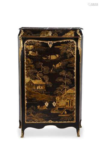 A LOUIS XV BLACK LACQUER AND GILT CHINOISERIE DECORATED SECR...