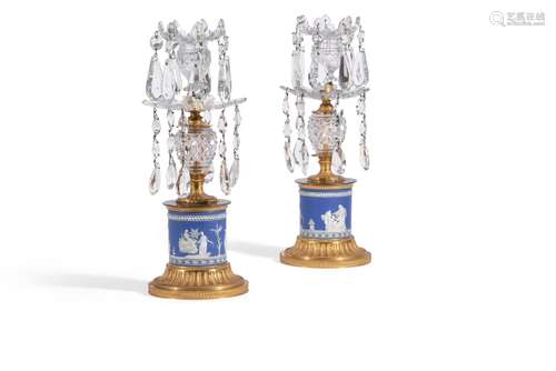 A PAIR OF LATE GEORGE III ORMOLU, CUT GLASS AND JASPER WARE ...