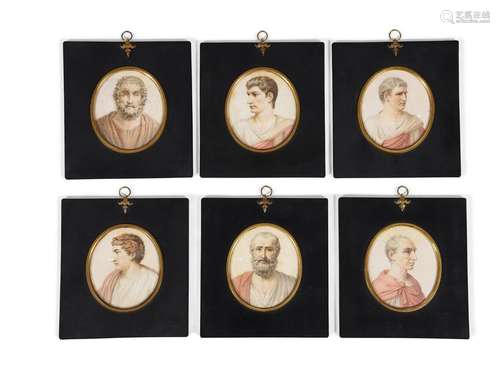 A SET OF SIX GEORGE III FRAMED PORTRAIT MINIATURES, CIRCA 18...