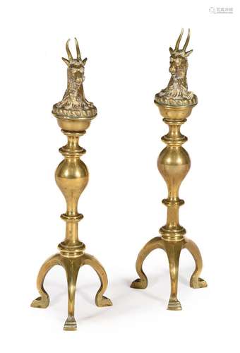 A PAIR OF HERALDIC BRASS ANDIRONS, LATE 19TH CENTURY