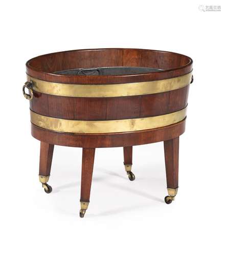 A GEORGE III MAHOGANY AND BRASS BOUND WINE COOLER ON STAND S...