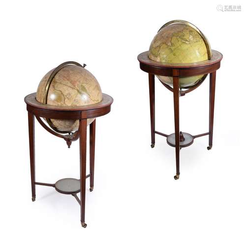 A PAIR OF REGENCY 18 INCH LIBRARY GLOBES, BY W. & S. JON...