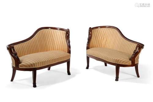 A PAIR OF LOUIS PHILIPPE MAHOGANY AND UPHOLSTERED SOFAS, CIR...