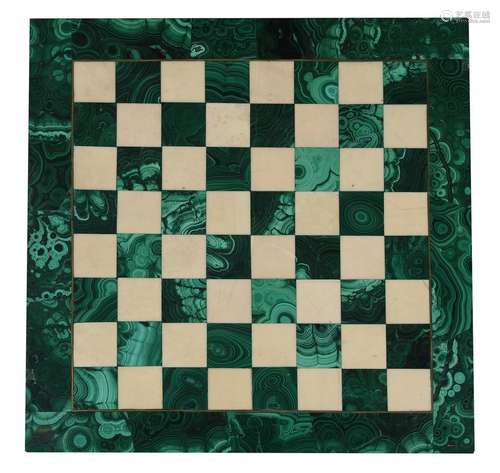 A MALACHITE AND MARBLE INSET CHESS BOARD, 19TH OR EARLY 20TH...