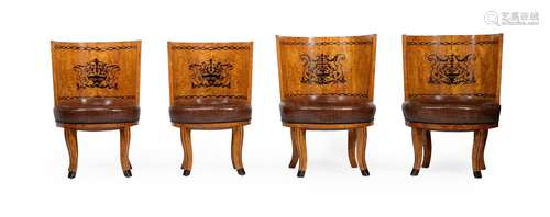 TWO PAIRS OF RUSSIAN KARELIAN BIRCH AND MARQUETRY TUB CHAIRS...