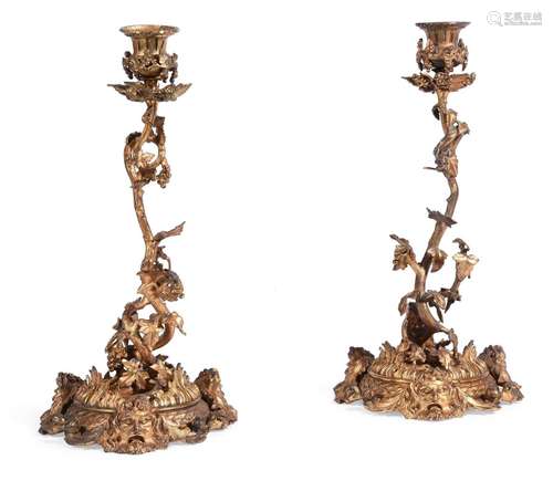 A PAIR OF GILT BRONZE CANDLESTICKS, FIRST HALF 19TH CENTURY