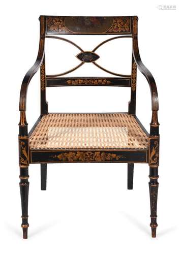 A REGENCY PAINTED AND PARCEL GILT OPEN ARMCHAIR, IN THE MANN...