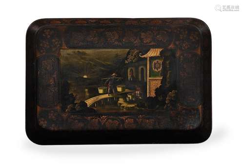 A REGENCY BLACK LACQUER AND GILT CHINOISERIE DECORATED PAPIE...