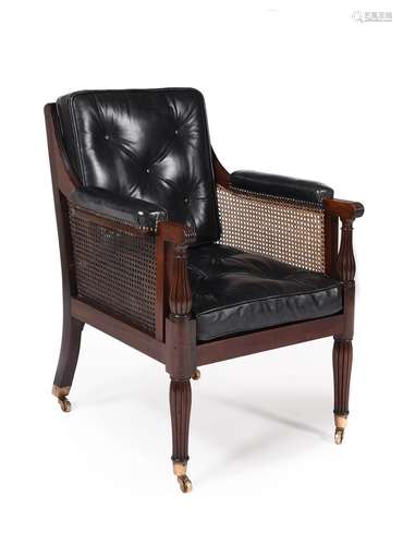 A REGENCY MAHOGANY LIBRARY BERGERE ARMCHAIR, ATTRIBUTED TO G...