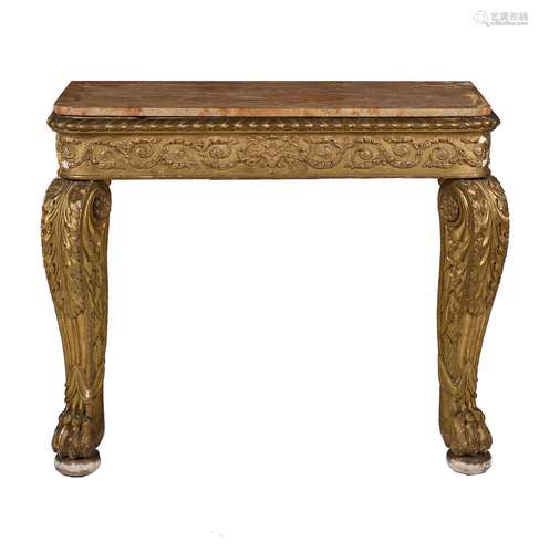 A PAIR OF WILLIAM IV GILTWOOD AND MARBLE CONSOLE TABLES, POS...