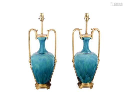 A PAIR OF GILT METAL MOUNTED TURQUOISE GLAZE POTTERY VASE LA...