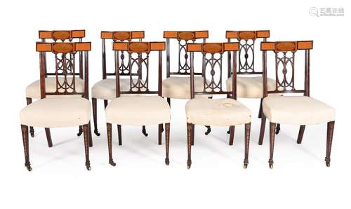 A SET OF THIRTEEN MAHOGANY, SATINWOOD AND INLAID DINING CHAI...