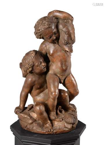 AN ITALIAN GILDED PLASTER CAST SCULPTURE OF TWO PUTTI FIGURE...