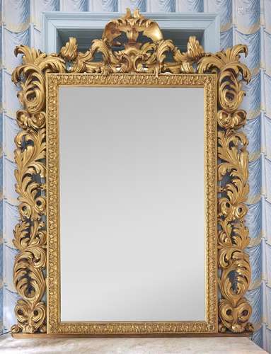 A SUBSTANTIAL GILTWOOD FLORENTINE OVERMANTLE MIRROR, LATE 19...