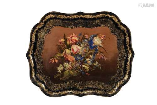 A VICTORIAN PAINTED AND GILT DECORATED PAPIER-MACHE TRAY, MI...