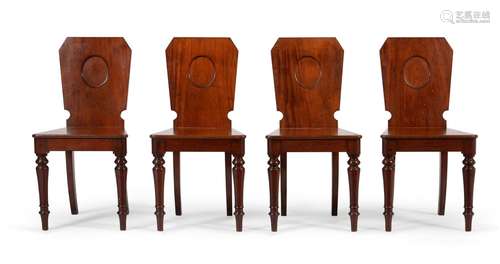 A SET OF FOUR WILLIAM IV MAHOGANY HALL CHAIRS, BY HOLLAND &a...