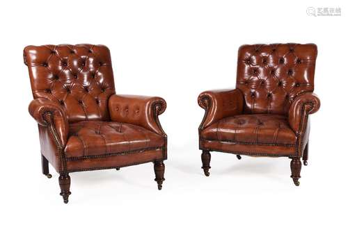 A PAIR OF VICTORIAN BEECH AND BUTTONED LEATHER UPHOLSTERED A...