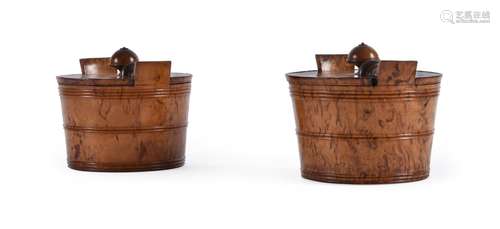 A PAIR OF KARELIAN BIRCH BUTTER TUBS AND COVERS, PROBABLY BA...