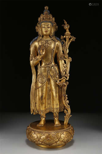 A Gilt Copper Manjusri Bodhisattva Statue.