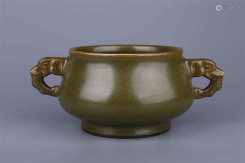 A Tea-Dust Glazed Two-Ear Porcelain Censer.