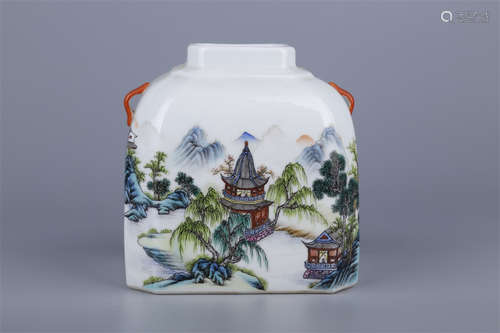 A Rose Porcelain Pot with Landscape Design.