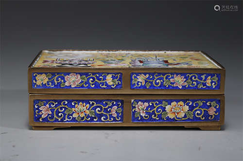 An Enameled Square Copper Lidded Box.