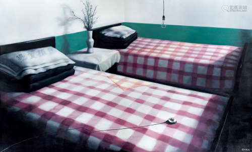 张晓刚 2008 绿墙-两张单人床 布面油画