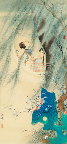 胡也佛 (1908-1980)   仕女梳妆图 镜框 设色绢本