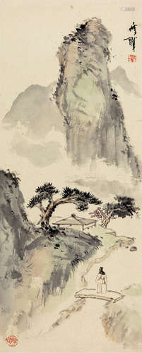 钱瘦铁（1897—1967）  山水人物图 立轴 设色纸本