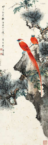 颜伯龙 (1898-1955)  癸未（1943年）作 绶带花鸟图 镜心 设色纸本 