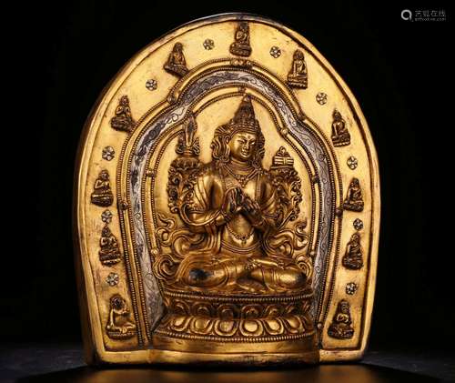 A QING DYNASTY BRONZE GILT INLAYING SILVER MANJUSRI SITTING ...