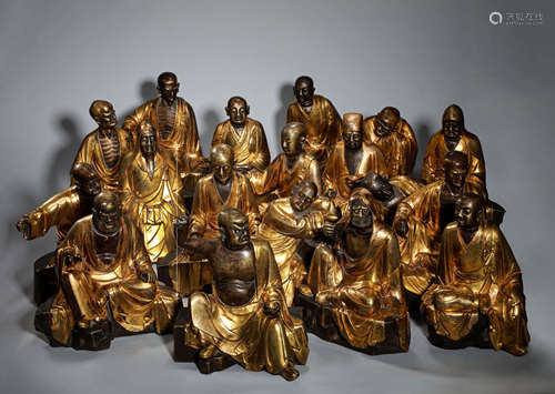 A MING DYNASTY BRONZE GILT EIGHTEEN ARHATS STATUES