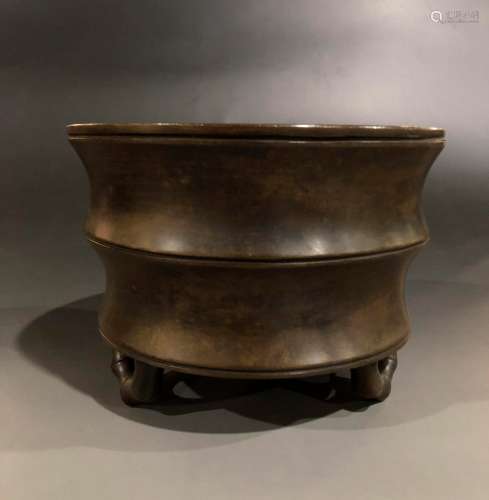 A QING DYNASTY BAMBOO COPPER INCENSE BURNER