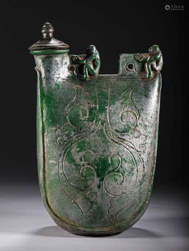 A LIAO DYNASTY GREEN GLAZE BAGGING POT