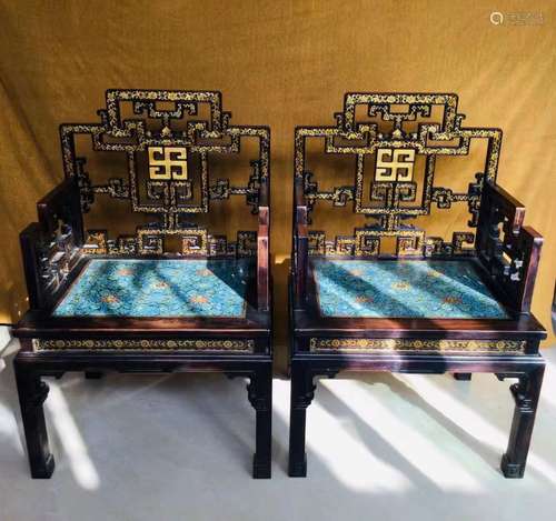 A PAIR OF Red sandalwood painted gold cloisonne master chair...