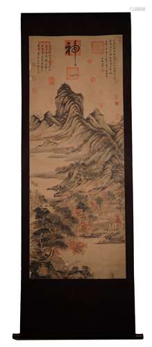 A MING DYNASTY TANG YIN - SILK PAINTING CURIOSITY LANDSCAPE