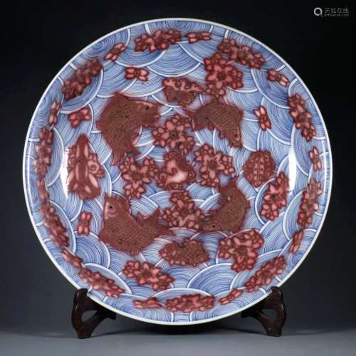 A Qing Kangxi blue and white underglaze red big plate