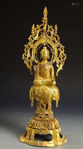 A TANG DYNASTY BRONZE GILT Sakyamuni Buddha