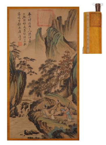 A MING DYNASTY TANG YIN - SILK PAINTING LANDSCAPE FIGURE