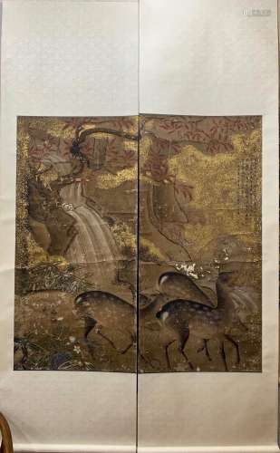 A CHINESE clay gold paper FU LU painting SHEN QUAN MARKED