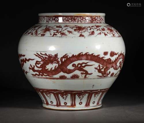 A YUAN DYNASTY UNDERGLAZE RED DRAGON PATTERN JAR