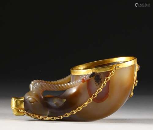 Song Dynasty - Agate Covered Golden Bull Head Cup